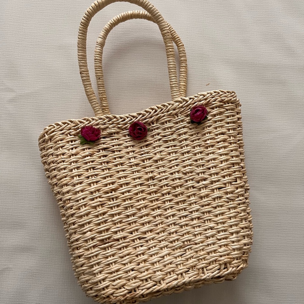 Elegant Tan Woven Tote with Flower Accents